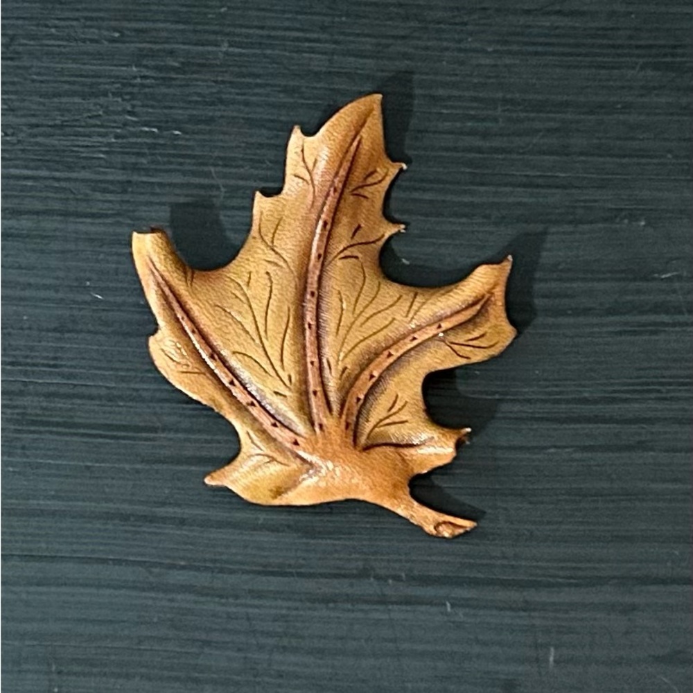 Hand Tooled Leather Maple Leaf Brooch, Signed, 2.25x2.75 Inches